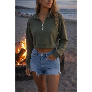 MONROW Olive Green Cropped Quarter Zip Sweatshirt Medium Made in USA